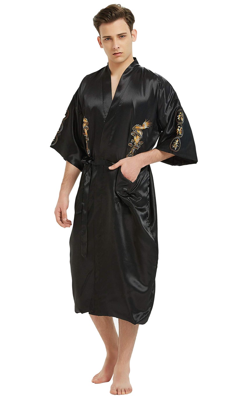 PAMOR Mens Robe Chinese Silk Embroidered Dragon Pattern Kimono Bathrobe Yukata Pajamas with Waistband and Pockets (Navy Blue) - Image 4